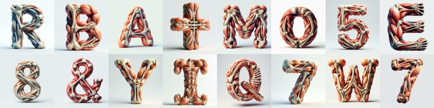 3D lettering what blend Bones and Muscles. AI generated illustration