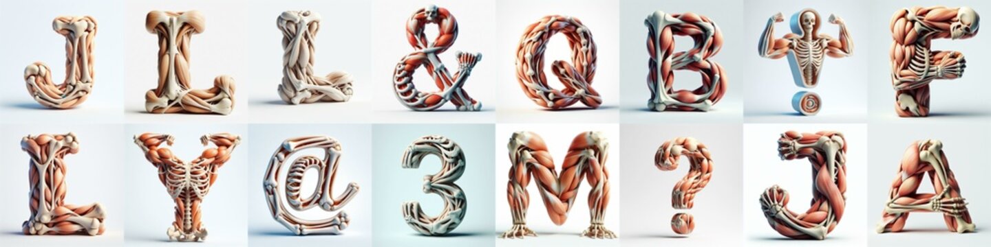 3D lettering what blend Bones and Muscles. AI generated illustration