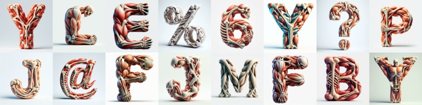 3D lettering what blend Bones and Muscles. AI generated illustration