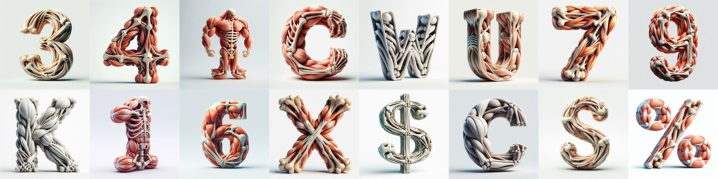 3D lettering what blend Bones and Muscles. AI generated illustration