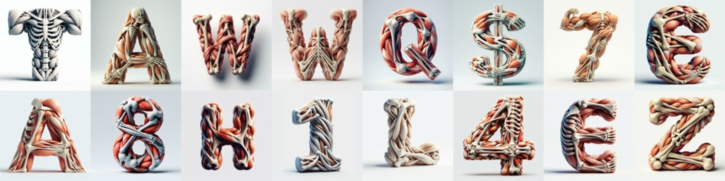 3D lettering what blend Bones and Muscles. AI generated illustration