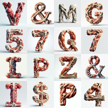 3D lettering what blend Bones and Muscles. AI generated illustration