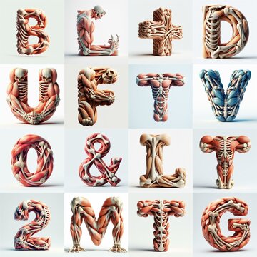 3D lettering what blend Bones and Muscles. AI generated illustration