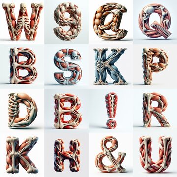 3D lettering what blend Bones and Muscles. AI generated illustration