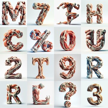 3D lettering what blend Bones and Muscles. AI generated illustration