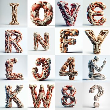 3D lettering what blend Bones and Muscles. AI generated illustration