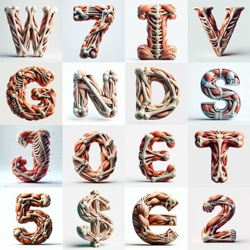 3D lettering what blend Bones and Muscles. AI generated illustration