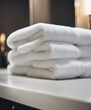 hotel towels and shampoos, isolated white background
