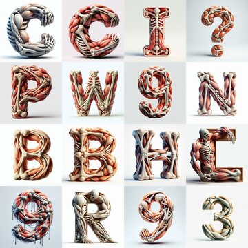 3D lettering what blend Bones and Muscles. AI generated illustration