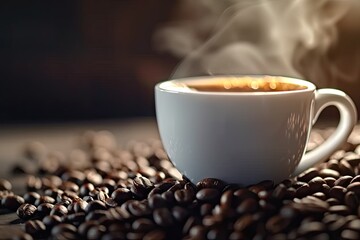 Poster - Closeup of warm cup of espresso on rustic wooden table showcasing rich aroma and steam of freshly brewed coffee with dark beans in background perfect for cozy morning break or breakfast