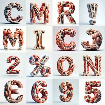 3D lettering what blend Bones and Muscles. AI generated illustration