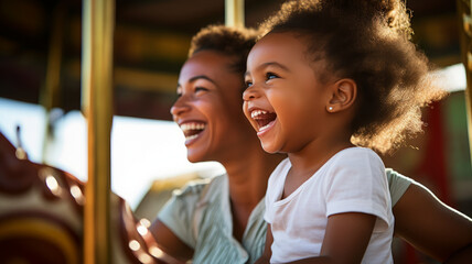 Wall Mural - Little girl with mom on the carousel