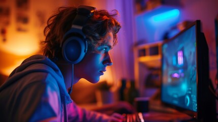Poster - Lost in their own world, a person immersed in music gazes intently at the computer screen while wearing headphones and dressed in casual clothing, surrounded by various electronic devices in an indoo