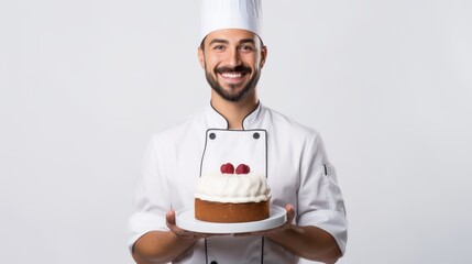 Portrait of a smiling happy male pastry chef, dressed in a white uniform, holding a cake, on a white background Pastry shop, bakery, food and desserts concepts.