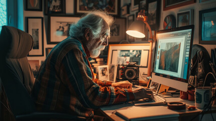 Poster - A focused man clad in modern attire sits at his desk, surrounded by a white-walled room adorned with abstract art, intently working on his computer