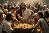 Fototapeta  - A concept of Jesus miraculously feeding multitudes as in bible