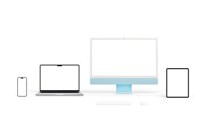 Wall Mural - Modern computer devices with varied screen resolutions for app or web page presentations. Isolated screens for mockup designs. Includes blue computer display, laptop, tablet, and smartphone