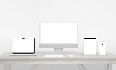 Poster - Responsive devices display on a work desk – computer, phone, tablet, laptop. Isolated screens ideal for mockups, showcasing app or web page presentations with versatility in design