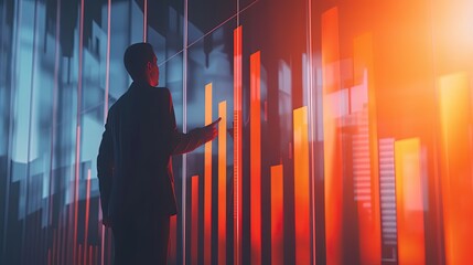 Poster - Silhouetted businessman interacting with futuristic digital interface displaying growth analytics in a dynamic, colorful environment.