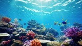 Fototapeta Do akwarium - Beautiful coral reef with tropical fish. Blue underwater sea life concept background. Generative AI
