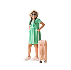 Wall Mural - Happy smiling asian little girl were hat and sunglasses posing with suitcase, Travel fashion summer holiday concept, Full body isolated on white background