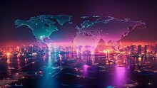 A Vivid Neon Map Of The World Depicting The Expanding Digital Landscape And The Endless Opportunities It Holds.