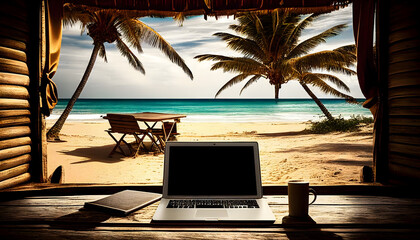 concept Enjoy remote work in a dream office on a sandy shore of a tropical sea in the shade of palm trees. Generative AI.