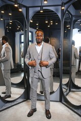 Wall Mural - A handsome young african gentleman buying an elegant suit