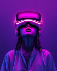 Poster - Woman wearing VR wearing glasses on a neon background