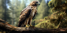 Watercolor Painting Of An Eagle, Predatory Buzzard Hawk With Standing On Dead Tree Stump Branch Over Blurred Wild Forest, 
