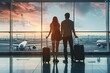 Silhouette of young couple standing together in airport terminal romantic scene of two travelers with luggage embarking on journey depicting love vacation and modern travel lifestyle