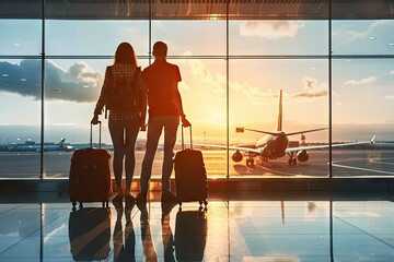 silhouette of young couple standing together in airport terminal romantic scene of two travelers wit