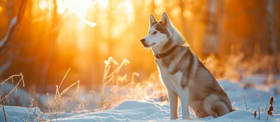 Canvas Print - Beautiful, confident Siberian husky dog posing on snowy enchanted woods during sunset.