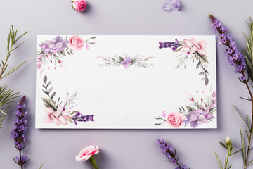 A blank floral invitation card with fresh flowers on a light purple background. The card is surrounded by purple flowers, herbs and other blossoms. 