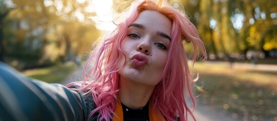 Canvas Print - A woman with pink hair takes a selfie and blows a kiss in a park.