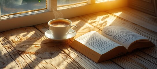 Poster - Vintage morning scene with hot cup of coffee and open book on wooden table reflecting relaxing and educational lifestyle ideal for concepts of leisure work study and knowledge set in cozy home or cafe