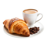 Fototapeta Mapy - cup of coffee and croissant isolated on transparent background Remove png, Clipping Path, pen tool, white