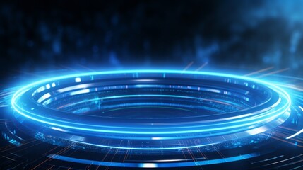 Poster - Vibrant blue technology background with abstract digital tech circles - copy space available