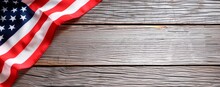 American Flag Over A Wooden Table,  Star And Stripes And Waves, USA National Flag, Red White And Blue, Patriotic, 4th July Independence Day, Banner Wallpaper Background, Copy Space For Text
