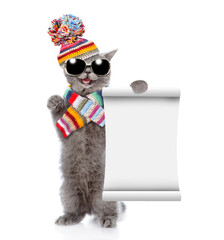Poster - Happy cat wearing sunglasses and knitted scarf and warm woolen hat with pompon shows blank list. isolated on white background