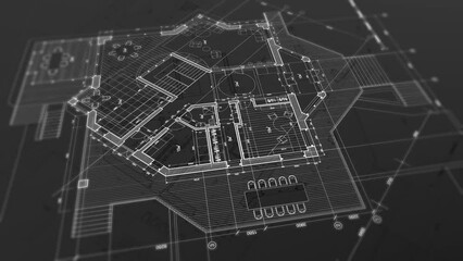 Wall Mural - Architecture design: blueprint plan - illustration of a plan modern residential building / technology, industry, business concept illustration: real estate, building, construction, architecture