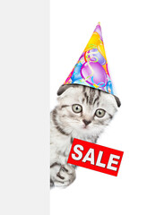 Aufkleber - Cute kitten wearing party cap shows signboard with labeled 