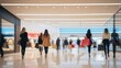 © Oleks Stock - Blurred background of a modern shopping mall with some shoppers. Stylish women looking at showcase, motion blur. Abstract motion blurred shoppers with shopping bags.  generative, ai.
