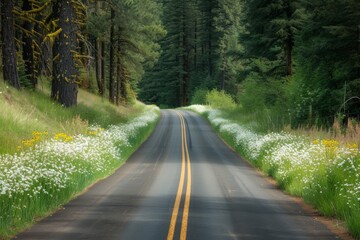 Wall Mural - A charming countryside road lined with blooming wildflowers and tall trees, evoking a sense of freedom and exploration.