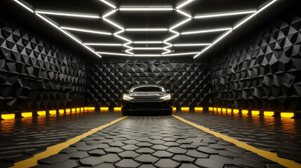 Ultra Modern Car Garage with Innovative Hexagon Lighting: A Blend of Style and Technology.