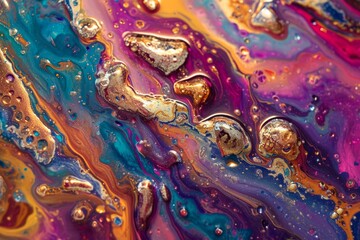 Poster - Melting Metallic Colors Abstract Art. Abstract art showcasing a melting pot of metallic colors with vibrant blue, purple, and gold hues creating a dynamic visual effect.
