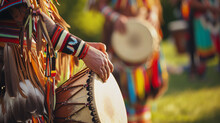 A Native American Powwow With Traditional Regalia And Drumming In An Outdoor Setting.