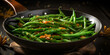 Delicious Green Beans in a cast iron Skillet, White water snowflake stems, stir fried in Taiwanese style.

