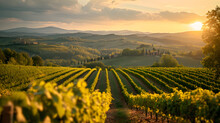 A Vineyard, With Rolling Hills Of Grapevines As The Background, During A Sun-drenched Day In The Chianti Region
