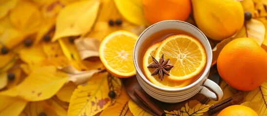 Wall Mural - Autumn's warm beverage, adorned with citrus and spices, sits amidst yellow foliage on the table.